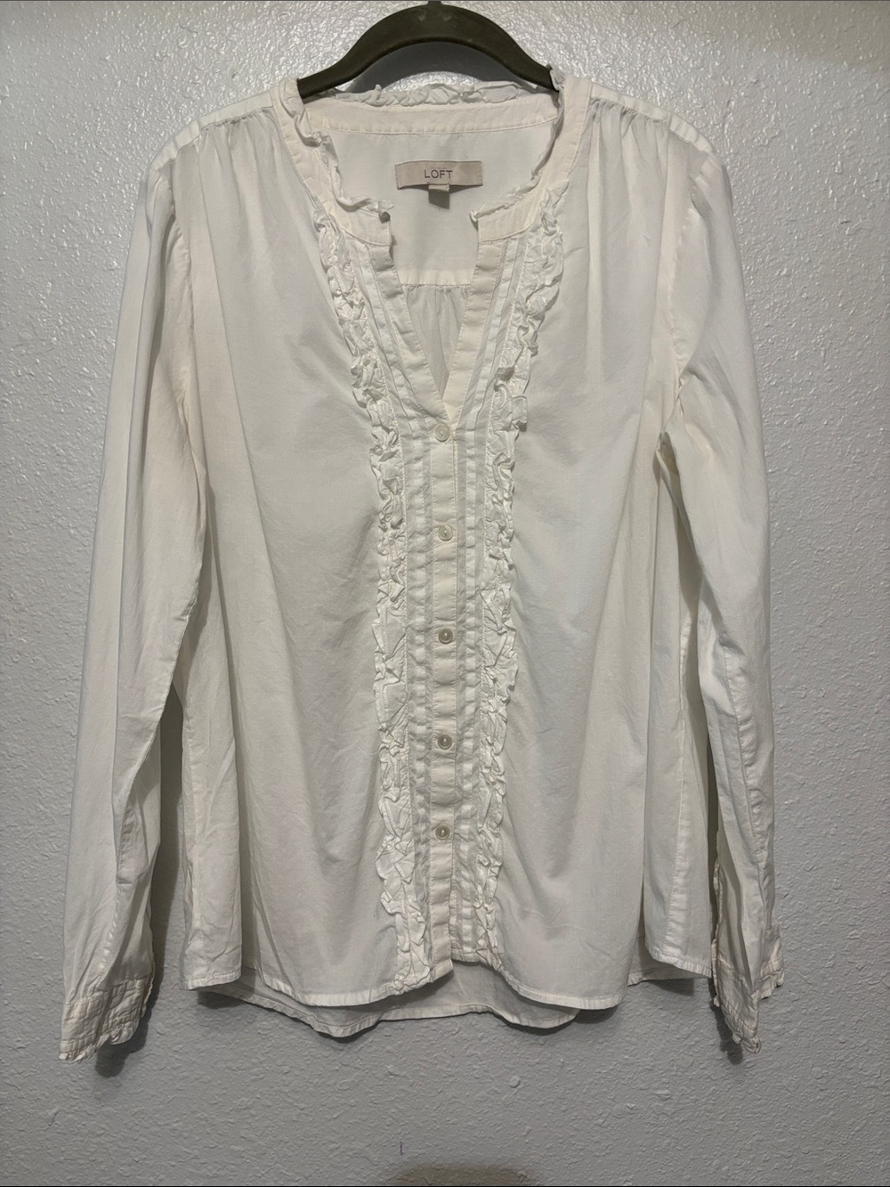 LOFT White Ruffle-Trim Button-Down Blouse